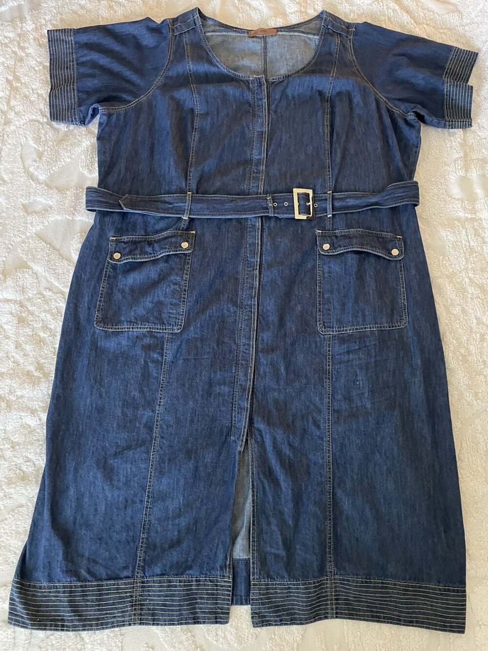 eShakti Denim Belted Dress Women 6X Blue Maxi Pockets Custom Size See Measures